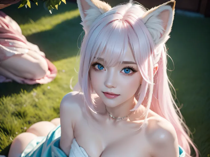 Two Miss Fox Demons，Fox Devil Fox Years White Hair Girl，Sexy and feminine，Fluffy fox ears，fox tails，No ears，reddish tones，The beauty of fox ears alone，Cover chest，Clan girls，Foxs eye，Enchanted，Charming，16 K， best qualtiy， tmasterpiece，  Raised sexy， Highly...