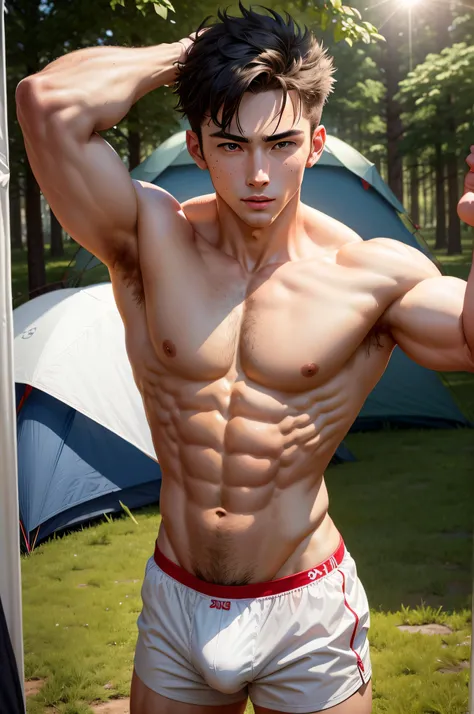 A handsome boy，Physical Education Student，camping，Wear underwear，Expose abs，Look above，Excitation，The underparts are large，R18，Grass，Muscles sparkle in the sun，Be red in the face，white  panties