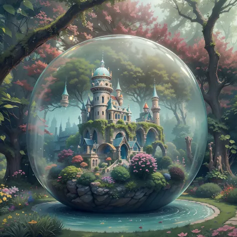 Undersea castle，Transparent fog，The hemispherical shape looks down from the sky，fanciful，Artistically，In the garden background