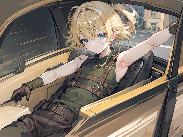 Armpit, Brown croptop, Army pants, blonde hair, In the car, (( masterpiece, high quality, best quality, detailed quality))