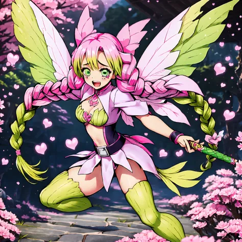 kanroji_mitsuri,digimon(creature),Fairy Wings,(( Fairy,)), ((Colored Skin)),((pink skin:1.4)) , ((Heart Motif)) , Sakura flowers, Mitsuri as  a Digimon, 1girl,masterpiece, high quality,hi GV aesthetic, multicolored hair, green eyes, long hair, Solo,pink ha...