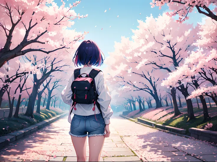 The vast sky,  (cherry blossoms:1.2), extremely tense and dramatic pictures, moving visual effects, high hanging Polaris, colorful natural glare. A girl in a long-sleeved top and denim shorts with a side backpack, from behind