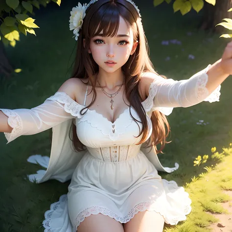 High detail CG，rich details​，Under the sun，Dress normally，White lace dress，The outside is covered with a white coat，Successful girls，Wear an exaggerated necklace，Brown hair long，Sit on grass，Stretching，The sun shines on the body and glows white，The art of ...