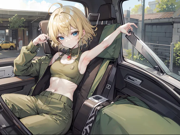 Armpit, Brown croptop, Army pants, blonde hair, In the car, (( masterpiece, high quality, best quality, detailed quality))