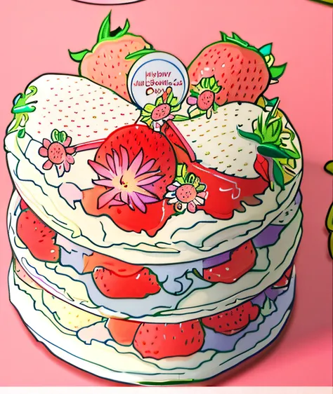 A cake is painted on it，It is topped with strawberries and strawberries, Line art!!, highly detailed linework, highly detailed drawing, Detailed fanart, extremely detailed linework, Cupcakes, made with illustrator, !!Highly detailed!!, Hand drawn illustrat...