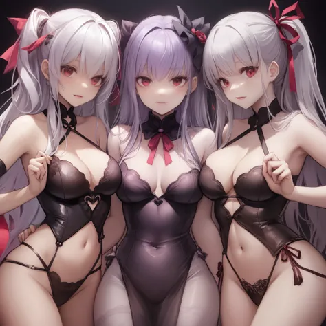 （（​masterpiece）），（（hightquality）），（（（hight resolution））），（（（（（purplish-silver hair with a red ribbon,,,,,））））），（（（（Harem of a large group of girls with purplish-silver hair）））），（（（Physical））），（（Flirting scene）），（（（（Girl with purplish silver hair on red rib...