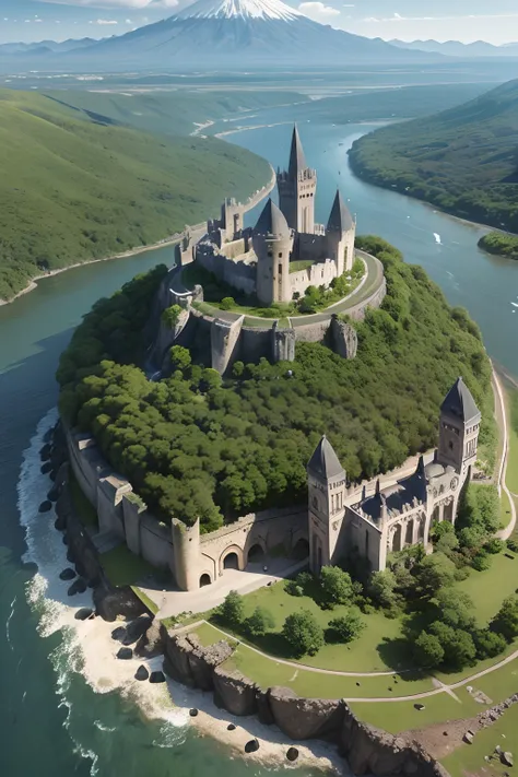 a stone castle in the middle of the
 city, next to a volcano, a river on one side, a clay road in front and a forest on the other, seen from above and from afar