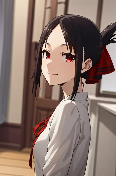 best quality, (masterpiece:1.2), detailed, shinomiya kaguya, 1girl, solo, closed mouth, light smile, black hair, red eyes, short...