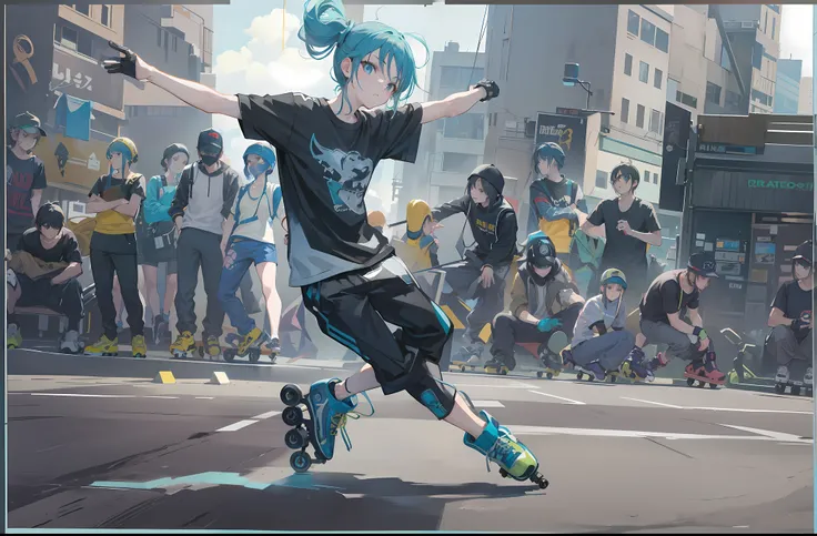 Extreme 4K image quality，(Extremely detailed and immersive masterpiece) - Punk Boy (Flowing hairstyle) Sprint with four-wheel inline skates (Peaceful sidewalks in the post-world: 1.1) and (Edge greening: 0.9).dynamic skating, roller skating, rollerblading,...