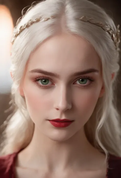 (((a deep reddish wound crosses her left cheek))) fair complexion, woman around 19 years old, natural white hair, distinctive green eyes, wearing kohl, slender and graceful, beautiful, candlelight in a medieval setting, ultra sharp focus, realistic shot, m...