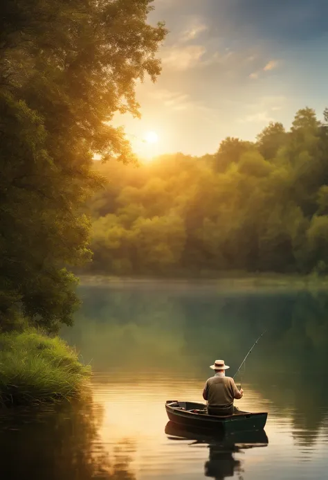 An old man fishing on a tranquil lake, surrounded by lush greenery, (Best quality, A high resolution:1.2),(Realistic,Photorealistic:1.37). The sun casts a warm golden glow on the calm water, (Vivid colors)(Bokeh). The man, Wear weathered hats and fishing v...