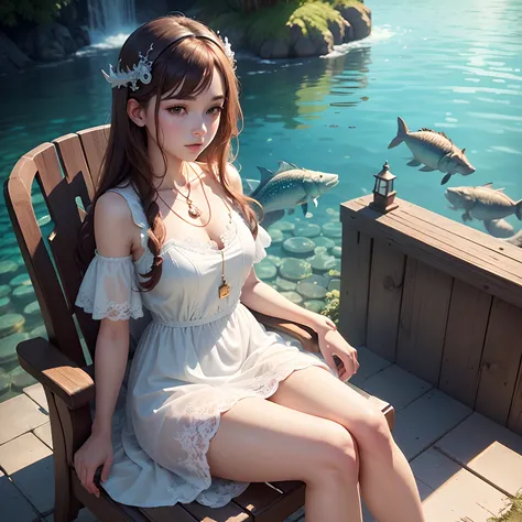 High detail CG，rich details​，An underwater world in the sun，water bubbles，There are small fish swimming around，Dress normally，White lace dress，The outside is covered with a white coat，Dragon girl，Wear an exaggerated necklace，Brown hair long，Recline on the ...