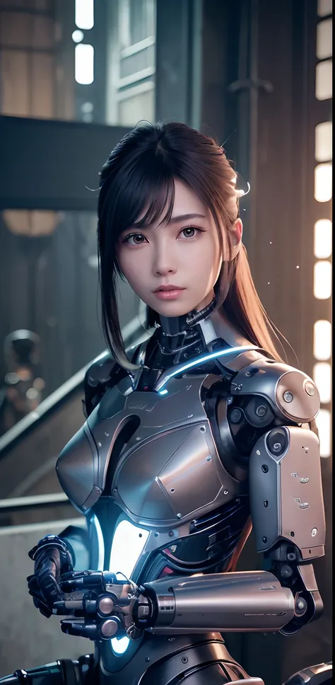 top-quality、​masterpiece、超A high resolution、(Photorealsitic:1.4)、((a beauty girl:1.6)), 1 full-body cyborg girl、sixteen years old、NOhumans、((The skin part is only the face)), Luminous Eyes、((Lots of split metal chest protectors)), Metal Robot、((The whole b...