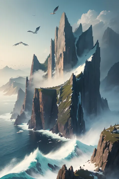 a high mountain wall, with fog and birds all around, at the edge of the sea, with the waves crashing below, seen from afar and from above