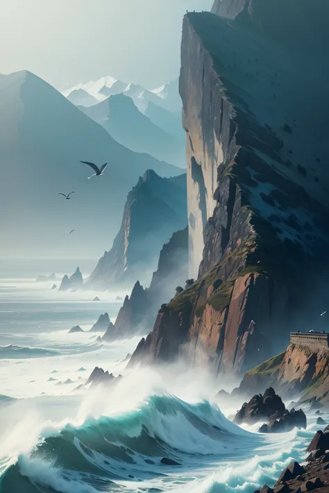 a high mountain wall, with fog and birds all around, at the edge of the sea, with the waves crashing below, seen from afar and from above