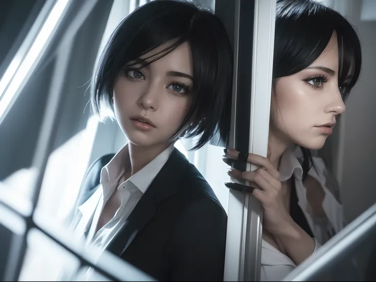 Night, Pitch black, By the window, A sexy beauty, White suit, Panic, Energy flow, Red moonshine, Black eyes, The face is super delicate, Short black hair, The face is super delicate, Highly realistic, 4K, Chiaroscuro, Super high detail