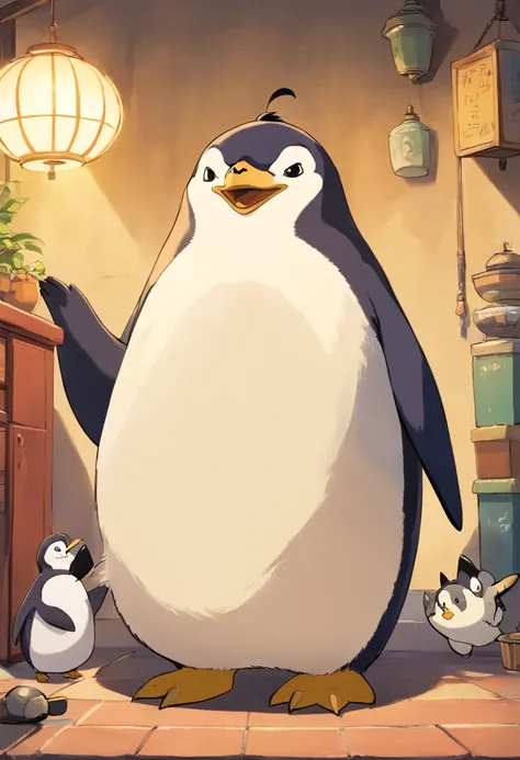 image of a creature with a penguin body and a black and white husky dog ​​head, husky dog ​​ears, a pot belly, a penguin tail and legs and arms, yellow legs, comic style, amused face,  smiling arrogantly