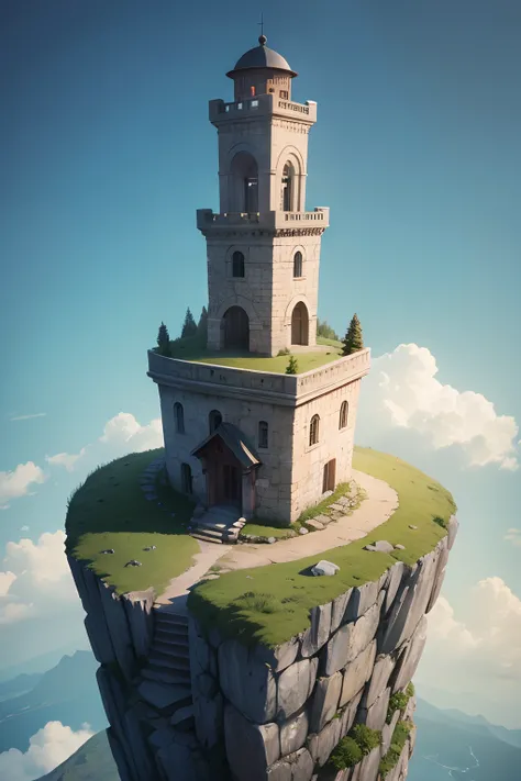 a watchtower made of stone, on top of a high mountain, with a view of the sea to the side, seen from above and from afar