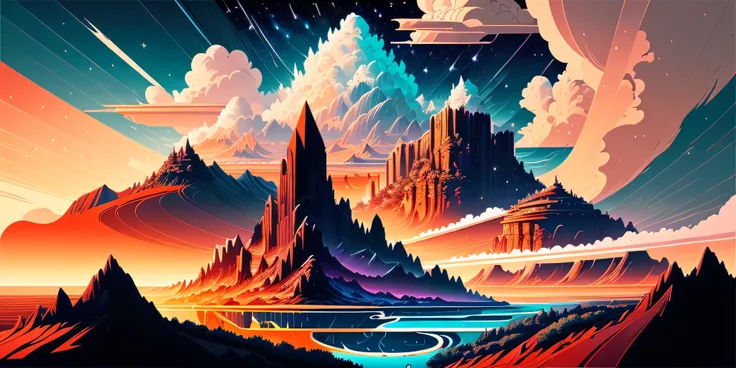 A beautiful land full of water and and clouds, astrophotogr,masterpiece, expert, insanely detailed, 4k, composition, centered, painted, intricate, volumetric lighting, beautiful, rich deep color masterpiece, sharp focus, ultra detailed, no dan mumford and ...