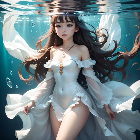 High detail CG，rich details​，An underwater world in the sun，deep water，water bubbles，small fish swimming around，Dress normally，White lace dress，The outside is covered with a white coat，Dragon girl，Wear an exaggerated necklace，Brown hair long，The sun shines...