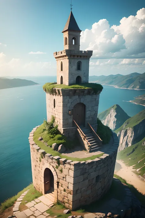 a watchtower made of stone, on top of a high mountain, which sits on a wall of mountains, with a view of the sea to the side, seen from above and from afar