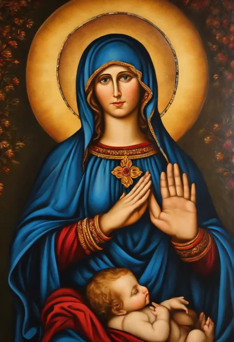 Oil painting of Mary, mother of God, hands with five fingers