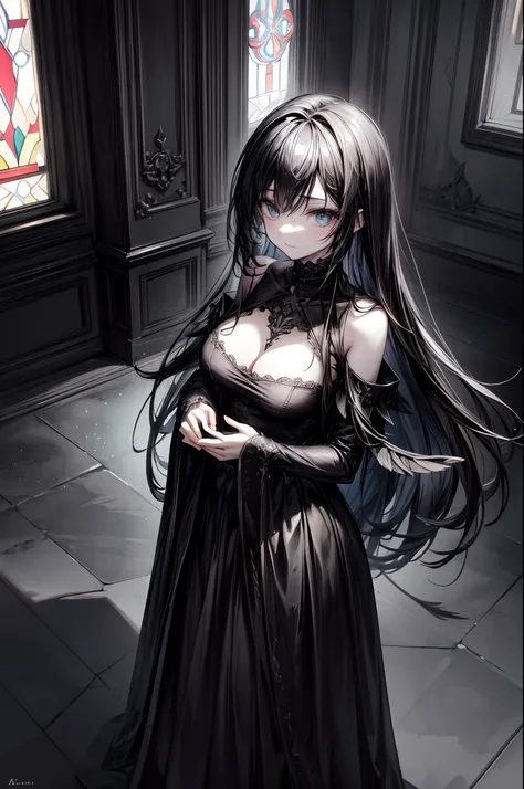 1 girl, mysterious expression, piercing eyes, long flowing black hair, gothic attire, enigmatic smile, pale complexion, elegant features
BREAK
dramatic high-angle shot, (birds-eye view:1.2), symmetrical composition, stark monochrome, deep shadows, subtle h...