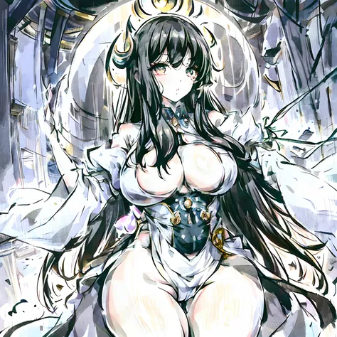 Cute, anime style, women, ghost woman, large breasts, plump , thick body, curves, pale skin, scares on body, Black hair, very long hair, hair covering face, coming from an attic, dark lighting, big eyes, eyebags,