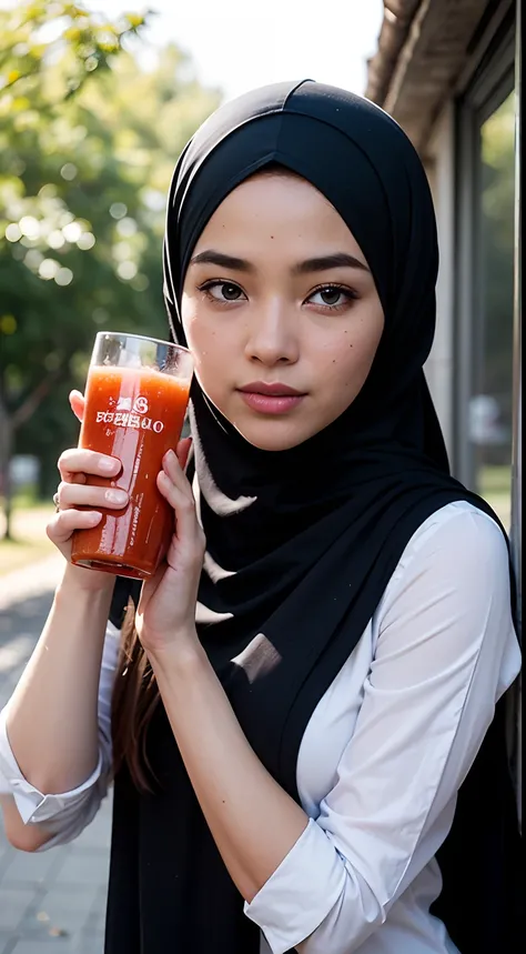 Description: Generate a photorealistic 8K image of an elegant Malay girl in a hijab, holding a glass bottle of tomato juice outdoors.

Specifics: Emphasize the interplay of natural light and shadows on her face and the bottle. Showcase intricate details li...