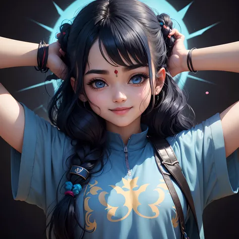 Anime sanatani hindu girl, face: cuteness and smiling with lord Shiva sign on head, eyes: cute and blue colour, clothes: modern clothes blue colour, hair: half black and half blue with best hairstyle, background: dark black, image type: ultra realistic 8k.