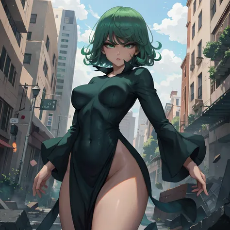 Masterpiece: 1.2, Best quality: 1.2, beautiful, high quality, high resolution: 1.1, aesthetic, detailed, extremely detailed, soft ambient lighting, 4K, perfect eyes, perfect face, perfect lighting, one girl, bangs, black dress, green hair, breasts, covered...