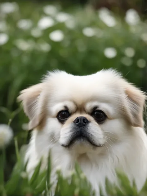 Pekingese、totally white、extremely photorealistic