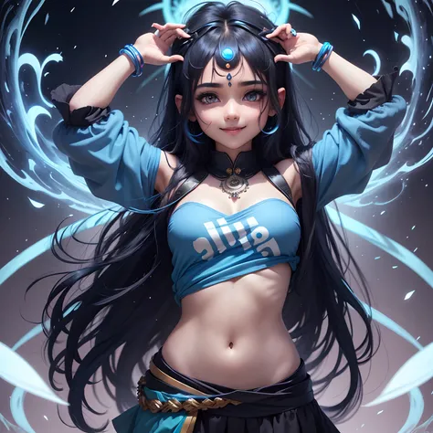 Anime sanatani hindu girl, face: cuteness and smiling with lord Shiva sign on head, eyes: cute and blue colour, clothes: modern clothes blue colour, hair: half black and half blue with best hairstyle, background: dark black, image type: ultra realistic 8k.