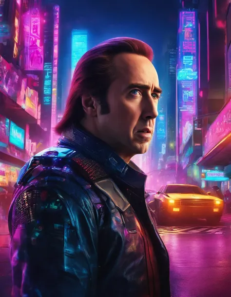 Nicolas Cage，Wearing a translucent holographic helmet，There are projections of text and pictures on it，Close-up of the head，The background is the world of the future，k hd，the detail