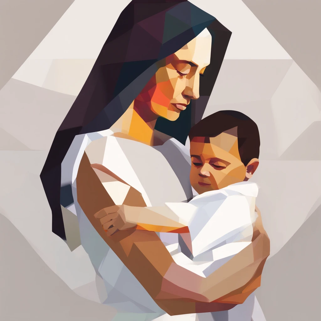 a close up of a painting of a woman holding a child, arte vetorial, obra-prima obra de arte, estilo de arte vetorial, WPAP, arte vetorial altamente detalhada, Com o Menino Jesus, arte vetorial, artista desconhecido, VectorArt detalhado, arte vetorial, Obra...