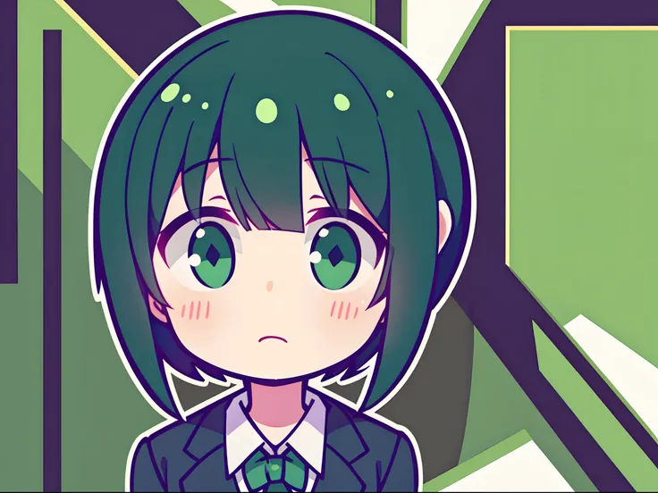 Shy girl with short green and black hair in a suit