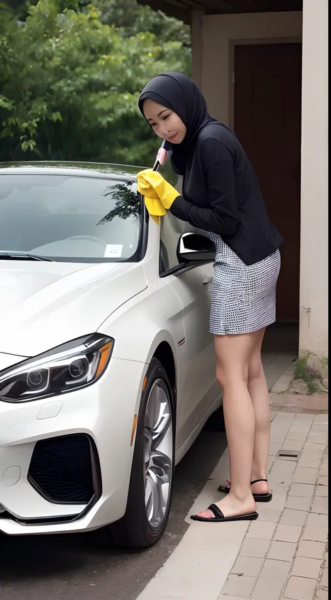 Imagine an ultra-realistic scene: a modern malay hijab woman in casual attire meticulously cleaning the rims of a luxurious car on a sunny day. The reflection of the surrounding environment should shimmer on the cars surfaces, highlighting the blend of nat...