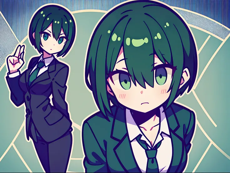 Short green and black haired girl in suit