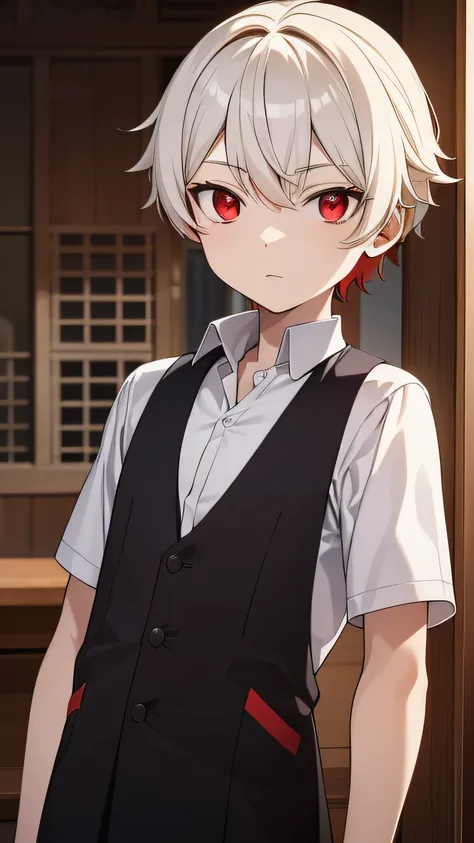 a young boy with white hair and red eyes (facing left)