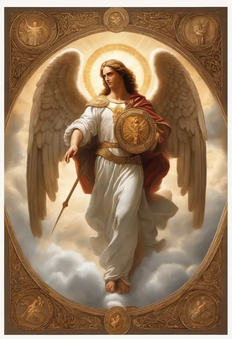 um personagem masculino, o arcanjo Miguel, imagem celestial, detalhes intricados, realista, asas ROSAS e grandes, fundo angelical, Catholic illustrative image of the archangel Michael, Male character of the Bible, Michael is wearing his angelic armor, cosm...