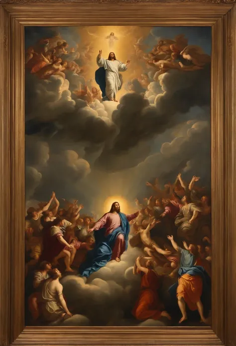 Renaissance painting of Jesus descending from the heavens of dark clouds, several people below, biblical apocalypse