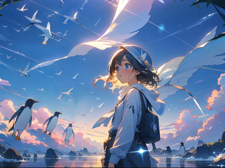 Jet Penguin、blue-sky、Girl Flying in the Sky、Penguins flying in the sky