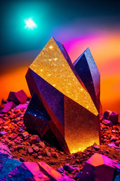 A mass of iron ore crystals shining brightly in seven colors