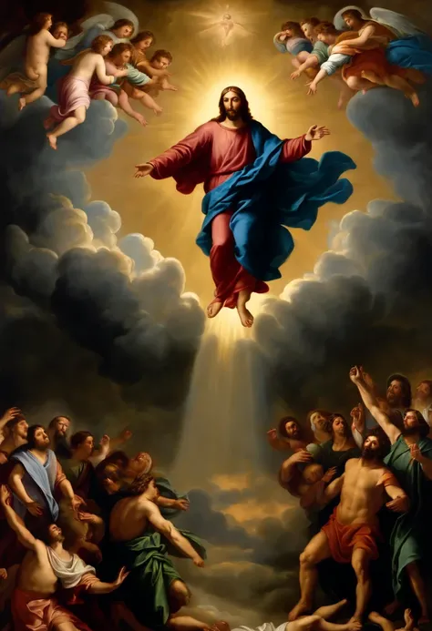 Renaissance painting of Jesus descending from the heavens of dark clouds, several people below, biblical apocalypse