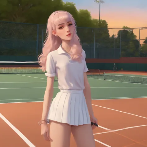 beautiful 15 years femboy, sweaty, short skirt, skinny pale, tennis court, sunset