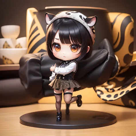 ​masterpiece、top-quality、ultra-detailliert、(Chibi Chara:1.2)、独奏、Black Bob、Leopard beret、Zebra print dress、Cow print tights、Heel with dot pattern