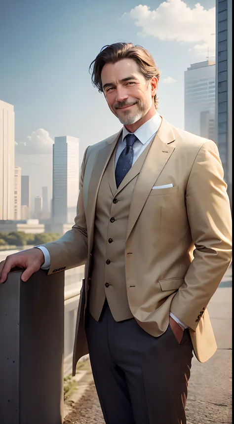 European middle-aged male landowner，The expression is smiling，High-rise buildings in the background