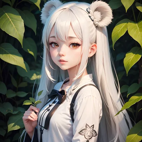 Koala, white hair, anime girl with a plant in her hand, anime style portrait, anime visual of a cute girl, in an anime style, cute anime girl, portrait of cute anime girl, anime moe artstyle, cute anime girl portrait, cute natural anime face, kawaii realis...