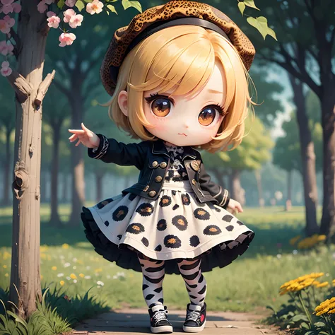 ​masterpiece、top-quality、ultra-detailliert、(Chibi Chara:1.2)、独奏、Black Bob、Leopard print beret、Zebra Print Dress、Cow print tights、Dot Pattern Shoes、Monet Flowers Wallpaper