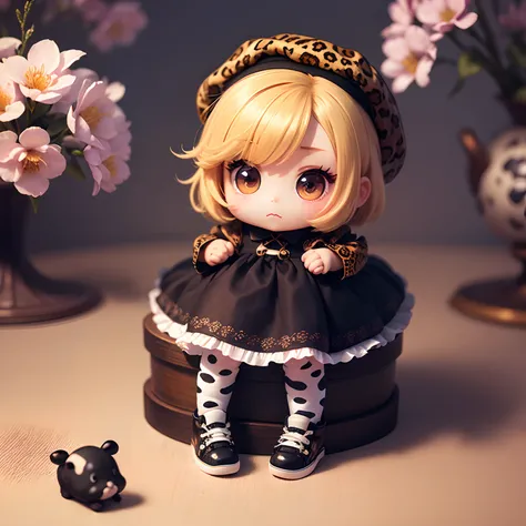 ​masterpiece、top-quality、ultra-detailliert、(Chibi Chara:1.2)、独奏、Black Bob、Leopard print beret、Zebra Print Dress、Cow print tights、Dot Pattern Shoes、Monet Flowers Wallpaper